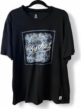 Psycho Bunny Black Tee with Blue 'Psyched' Graphic